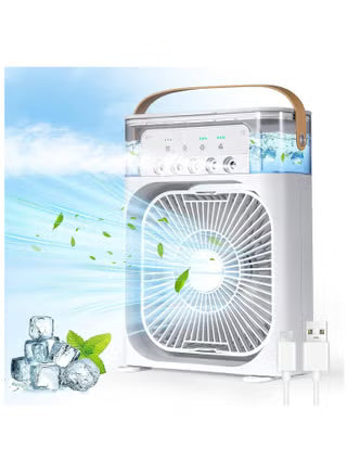 Portable Air Cooler with Ice Tray – 3-Speed Personal Desk Fan with 5-Hole Mist Spray & 7-Color LED Night Light